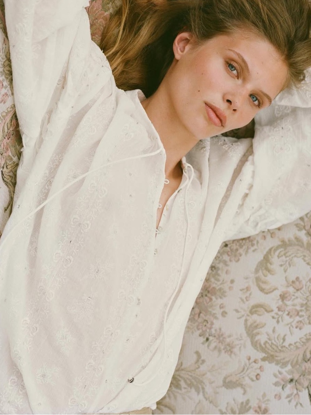 Zara White Embroidered Tie-Neck Blouse
